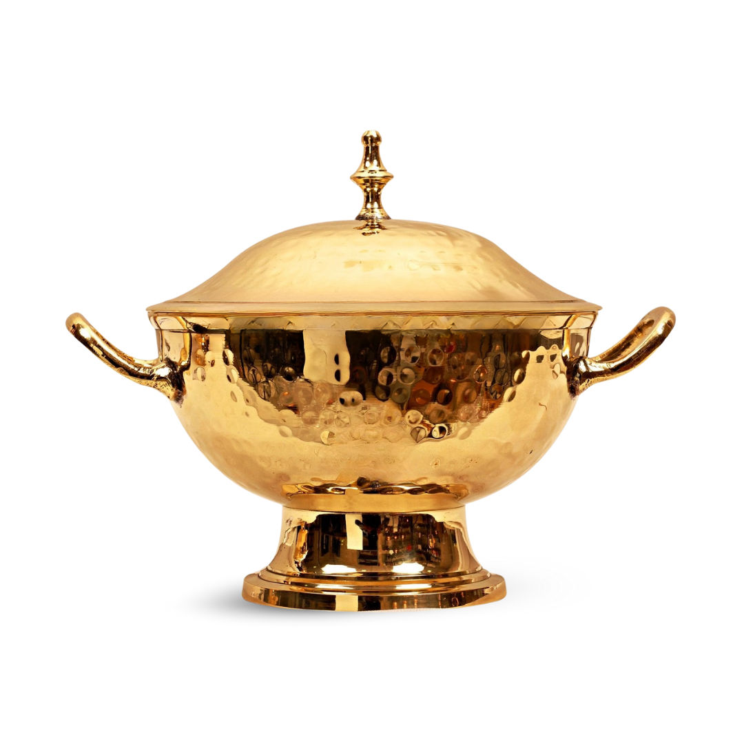 Handmade Pure Brass Casserole Donga with Bottom, Hammered Design, Serveware, Tableware - 2100 ML